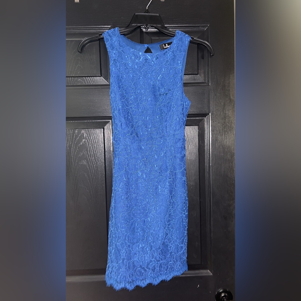 Blue lace open back cocktail dress